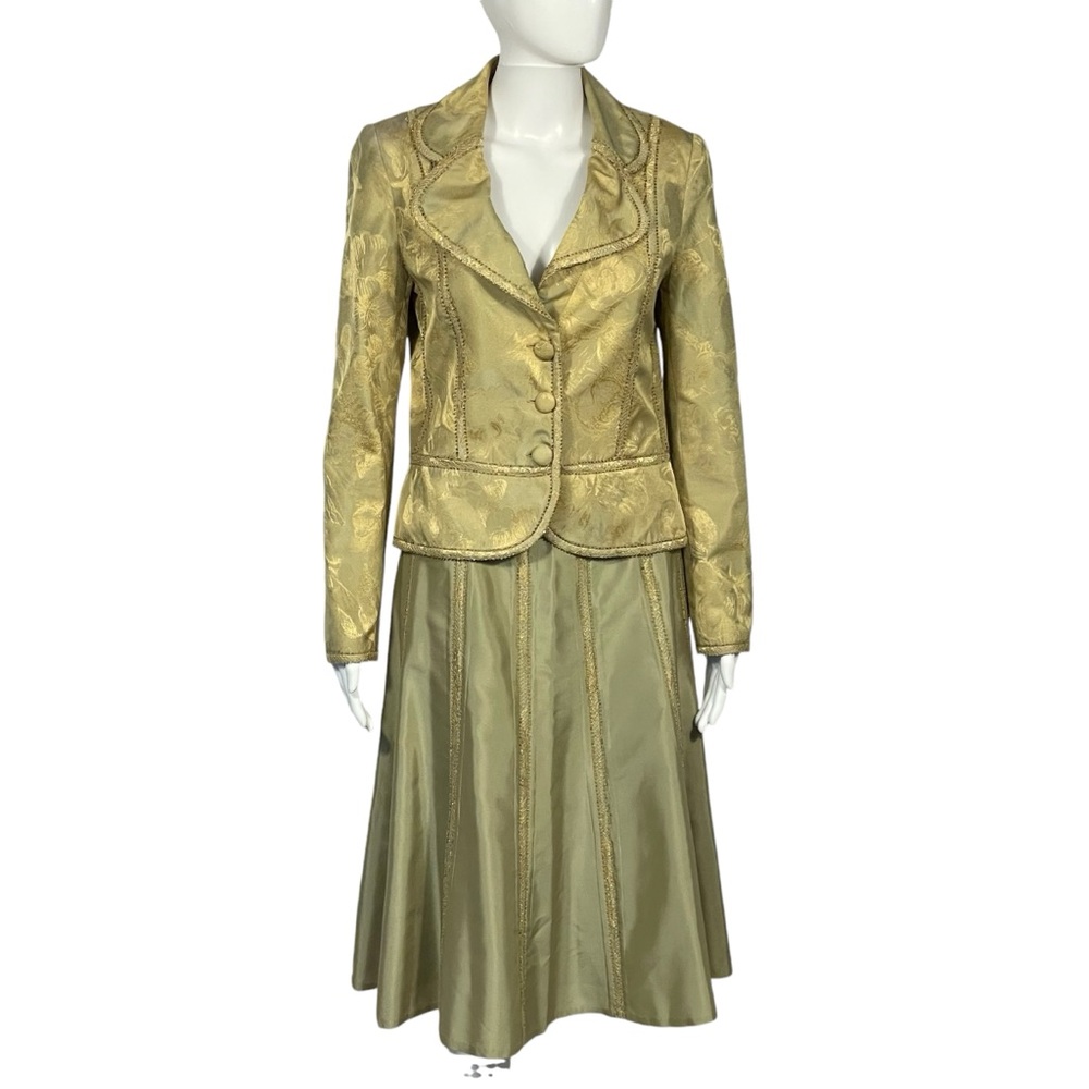 Carmen Marc Valvo Collection Silk Blend Chartreuse Beaded 2 Piece Skirt Suit 4